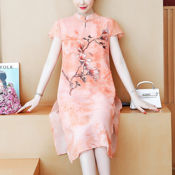 Plus Size Floral Printed Chiffon Cheongsam