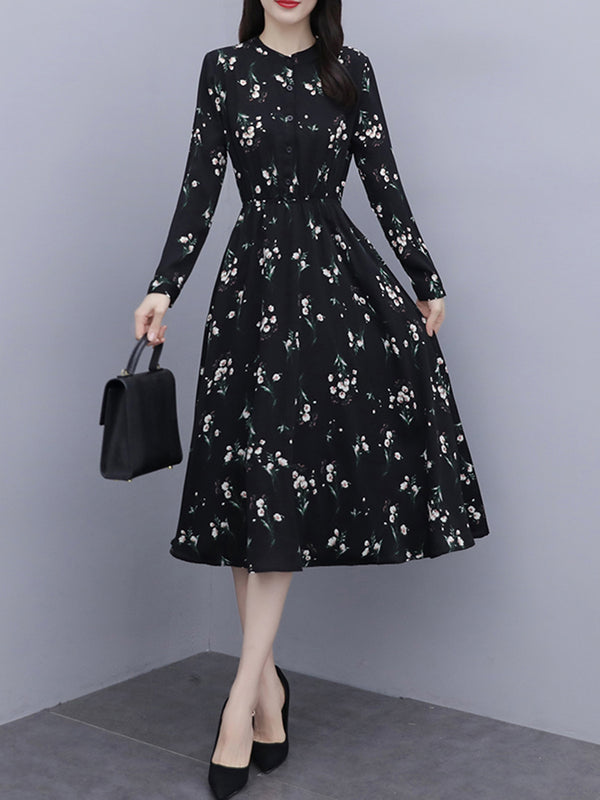 Plus Size Floral Long Sleeve Midi Shirt Dress