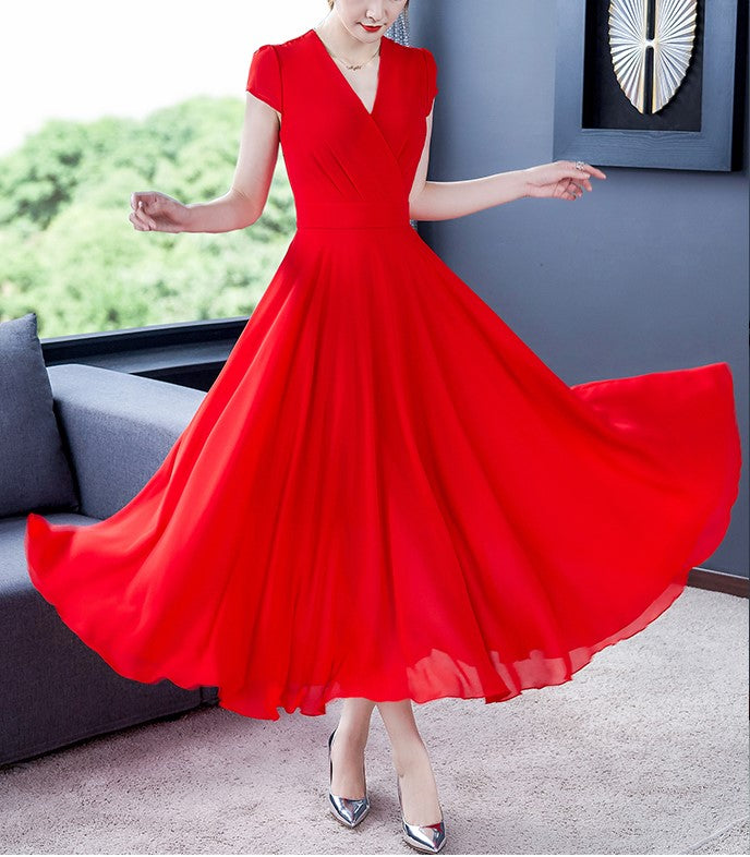 Plus Size Wrap Cap Sleeve Swing Short Sleeve Midi Dress