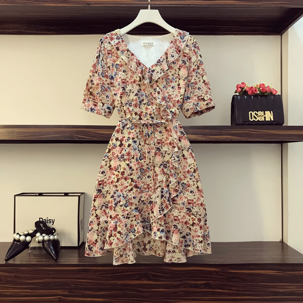 Plus Size Wrap Vintage Floral Short Sleeve Dress