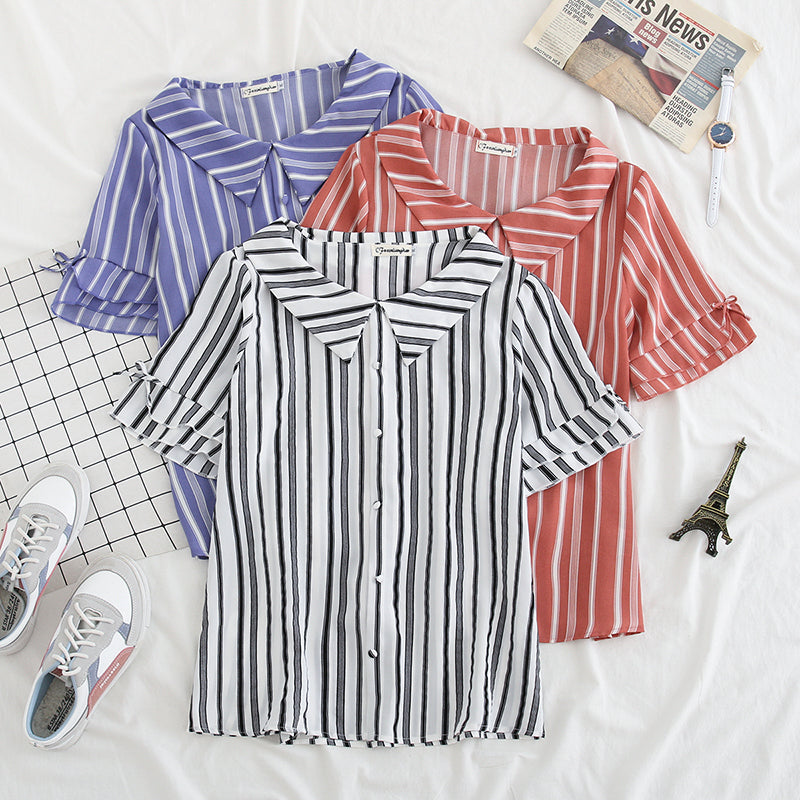 Plus Size Stripes Short Sleeve Blouse