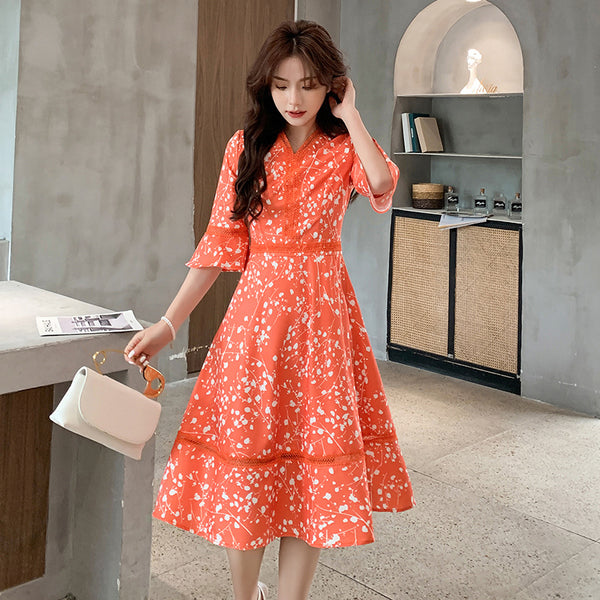 Plus Size Orange Floral Korean Dress