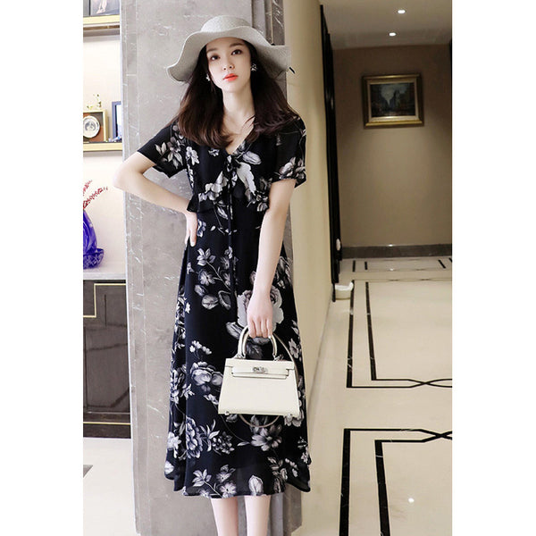 Plus Size Black Floral Chiffon Korean Midi Dress