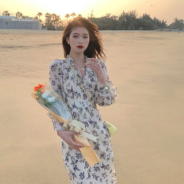 Plus Size Korean Floral Long Sleeve Midi Dress