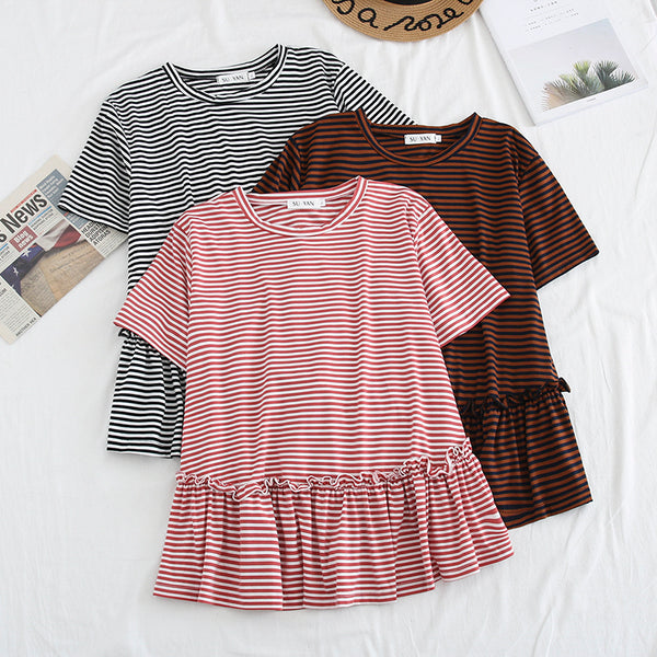 Plus Size Stripes Babydoll Short Sleeve Top