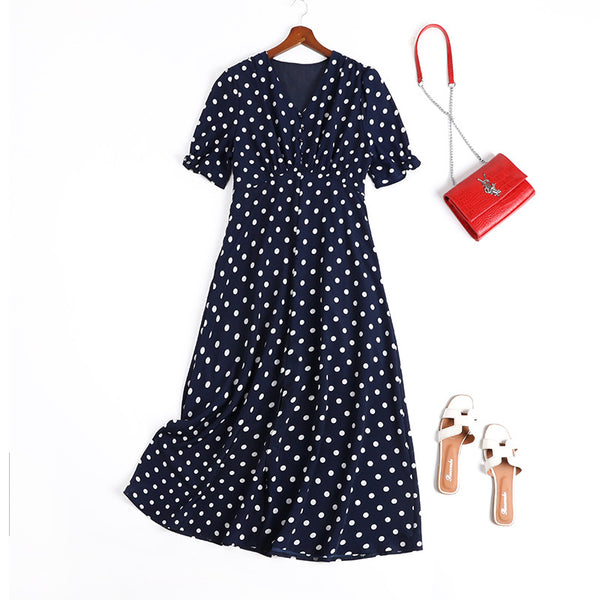 Plus Size Blue Polka Dots Vintage Short Sleeve Midi Dress