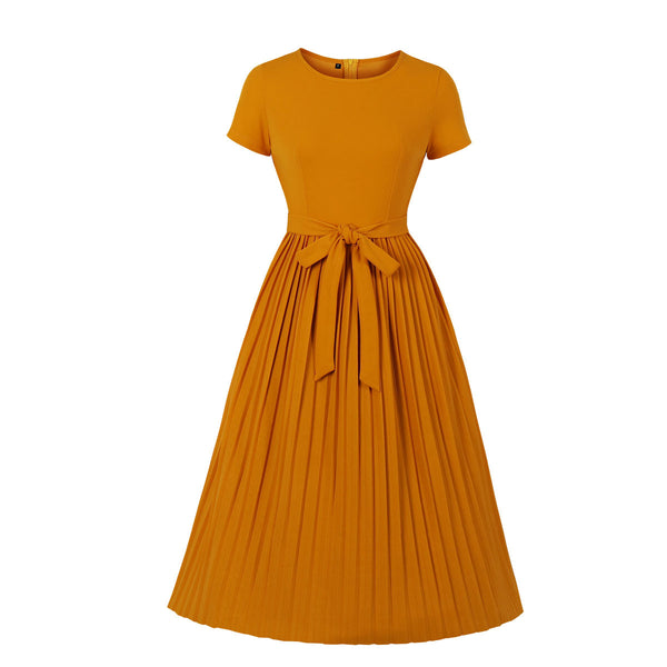 Plus Size Yellow Pleated Short Sleeve Shirt Dress