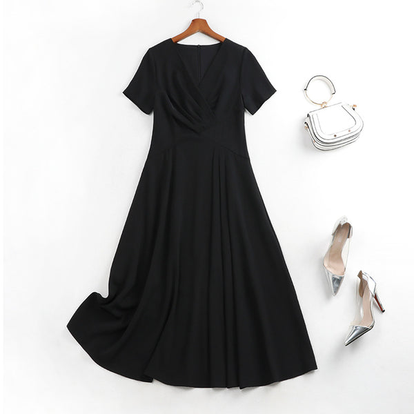 Plus Size Black Wrap Swing Short Sleeve Midi Dress