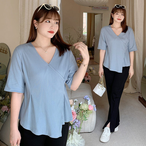 Plus Size Korean Wrap V Neck Blouse