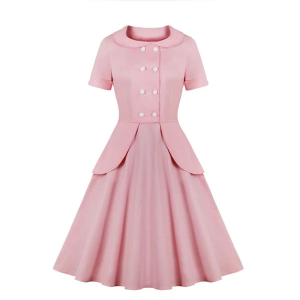 Plus Size Pink Buttons Collar Retro Vintage Short Sleeve Shirt Dress