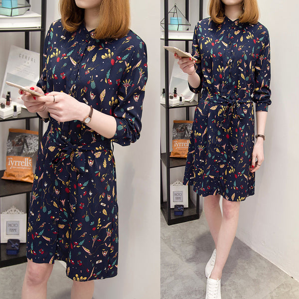 Plus size blue floral long sleeve shirt dress