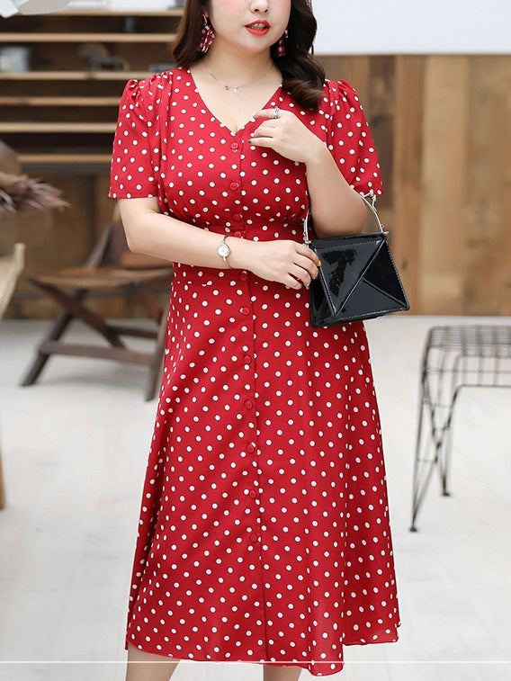 Red and white store polka dot midi dress