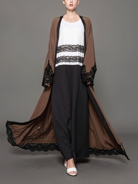 Morgann Brown Lace Trim Maxi Jacket