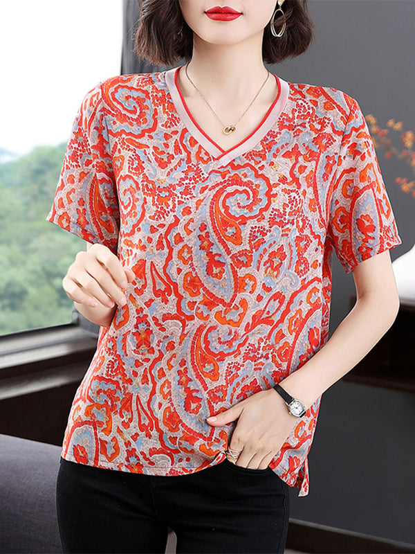 Plus Size Red Paisley Chiffon V Neck Blouse