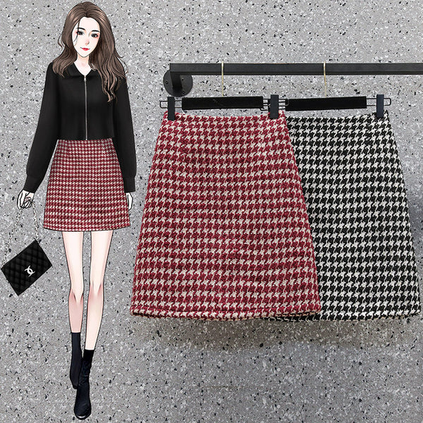 Plus Size Houndstooth Tweed A Line Mini Skirt