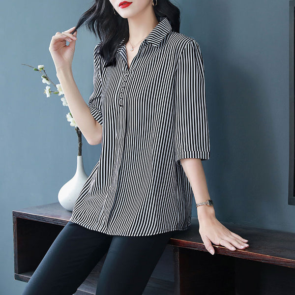 Plus Size Work Stripes Chiffon Mid Sleeve Blouse