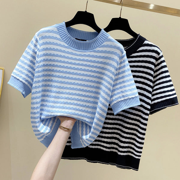 Plus Size Stripes Knit Short Sleeve Blouse