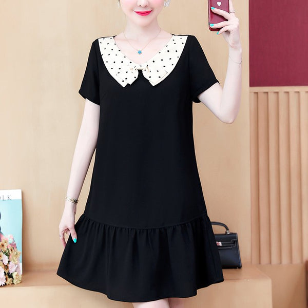 Plus Size Polka Dots Collar Babydoll Short Sleeve Dress