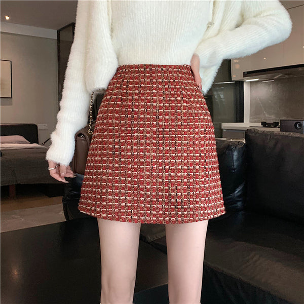 Plus size red tweed a line mini skirt