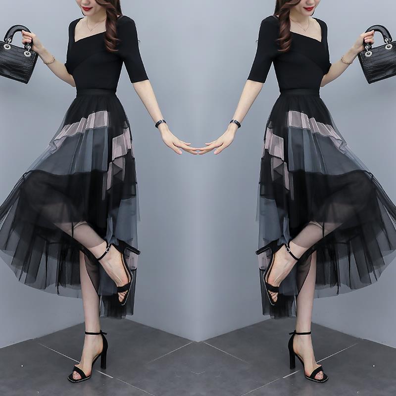 Plus Size Asymmetric Top and Colour Block Tulle Skirt Set – Pluspreorder