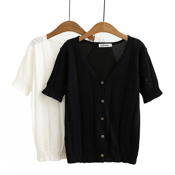 Plus Size Buttons Knit V Neck Short Sleeve Blouse