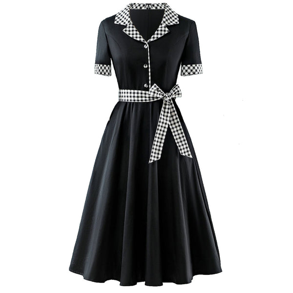 Plus Size Vintage Swing Checked Short Sleeve Midi Shirt Dress