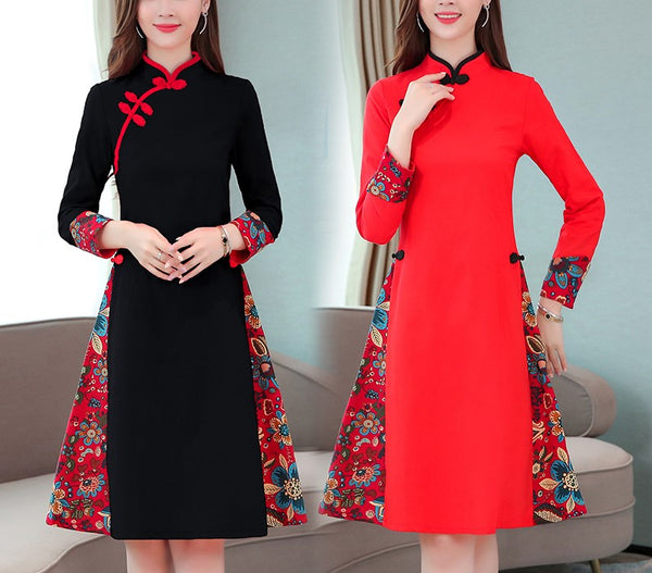 Plus Size Print Side A Line Long Sleeve Cheongsam