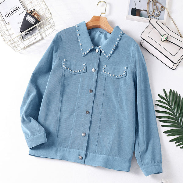 Laurayne Plus Size Blue Pearl Corduroy Jacket