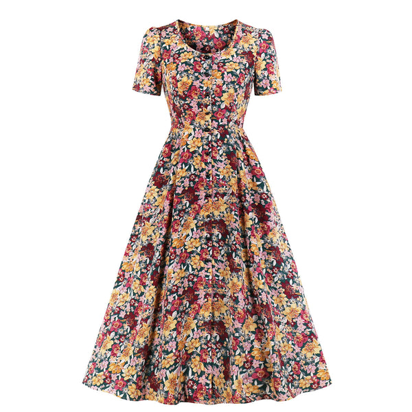 Plus Size Art Floral Swing Short Sleeve Midi Dress