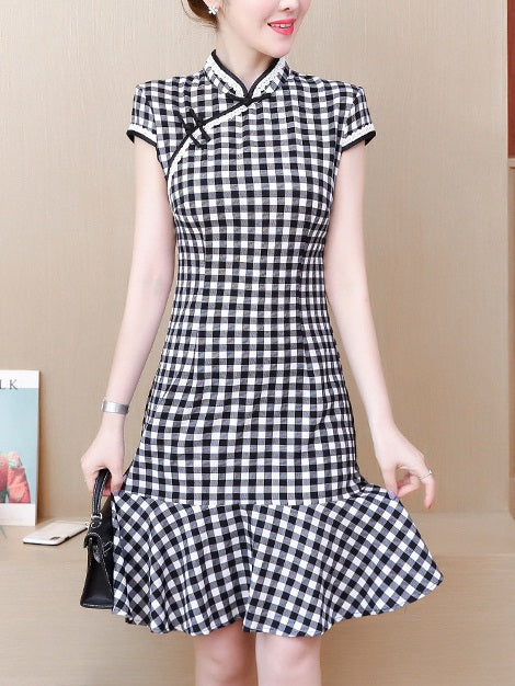 Talula Plus Size Gingham Checks Cute Cheongsam Qipao Casual Work Office Chinese New Year Mermaid Frill Hem Short Sleeve Dress