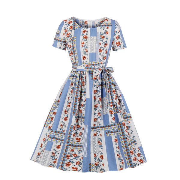 Plus Size Blue Tile Print Short Sleeve Shirt Dress