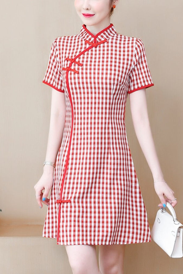 Plus Size Red Checked Cheongsam