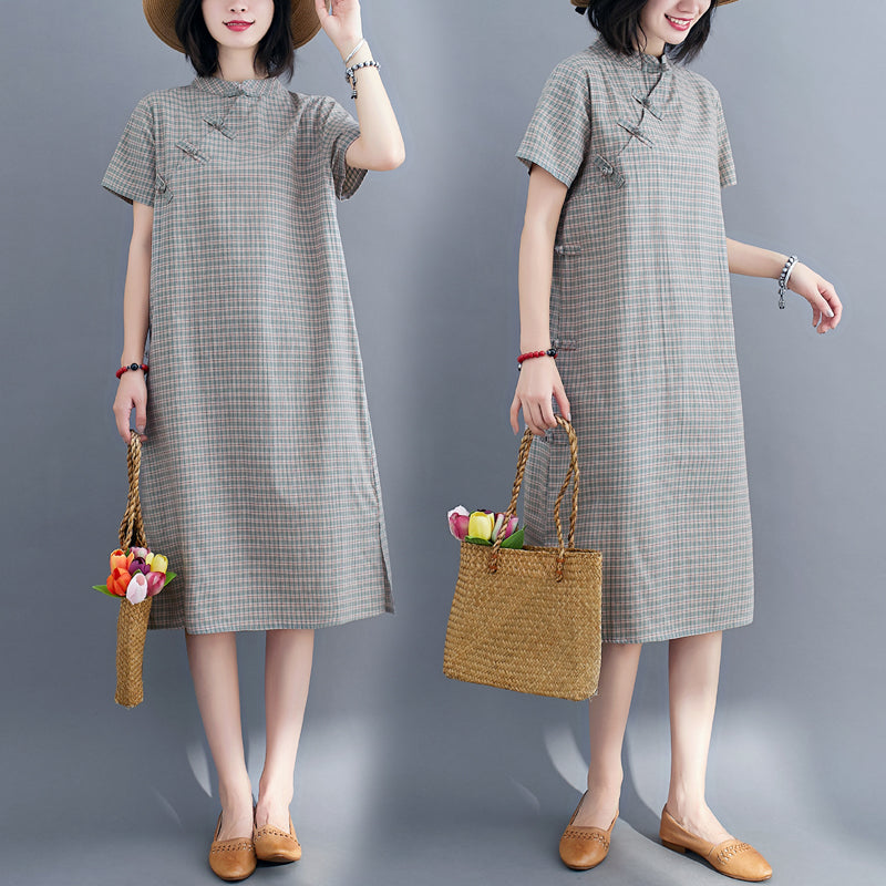 Plus size modern checked cheongsam dress