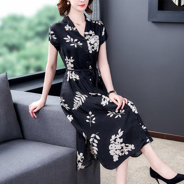 Plus Size Black Floral Sheen Short Sleeve Midi Shirt Dress