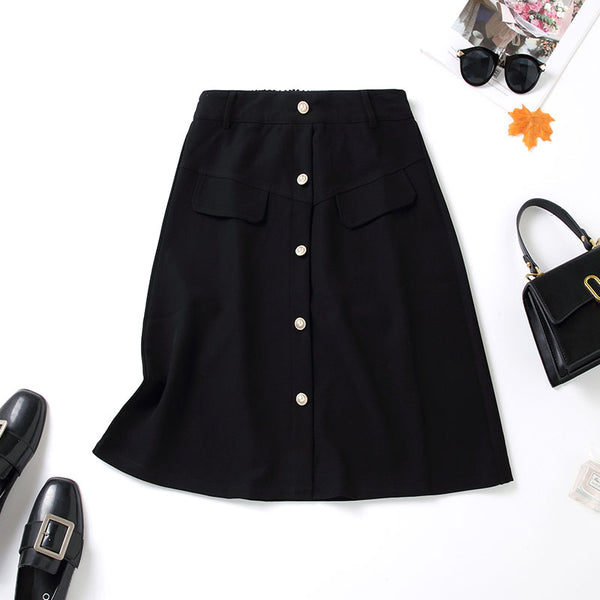 Plus Size Black Pearl Button Skirt