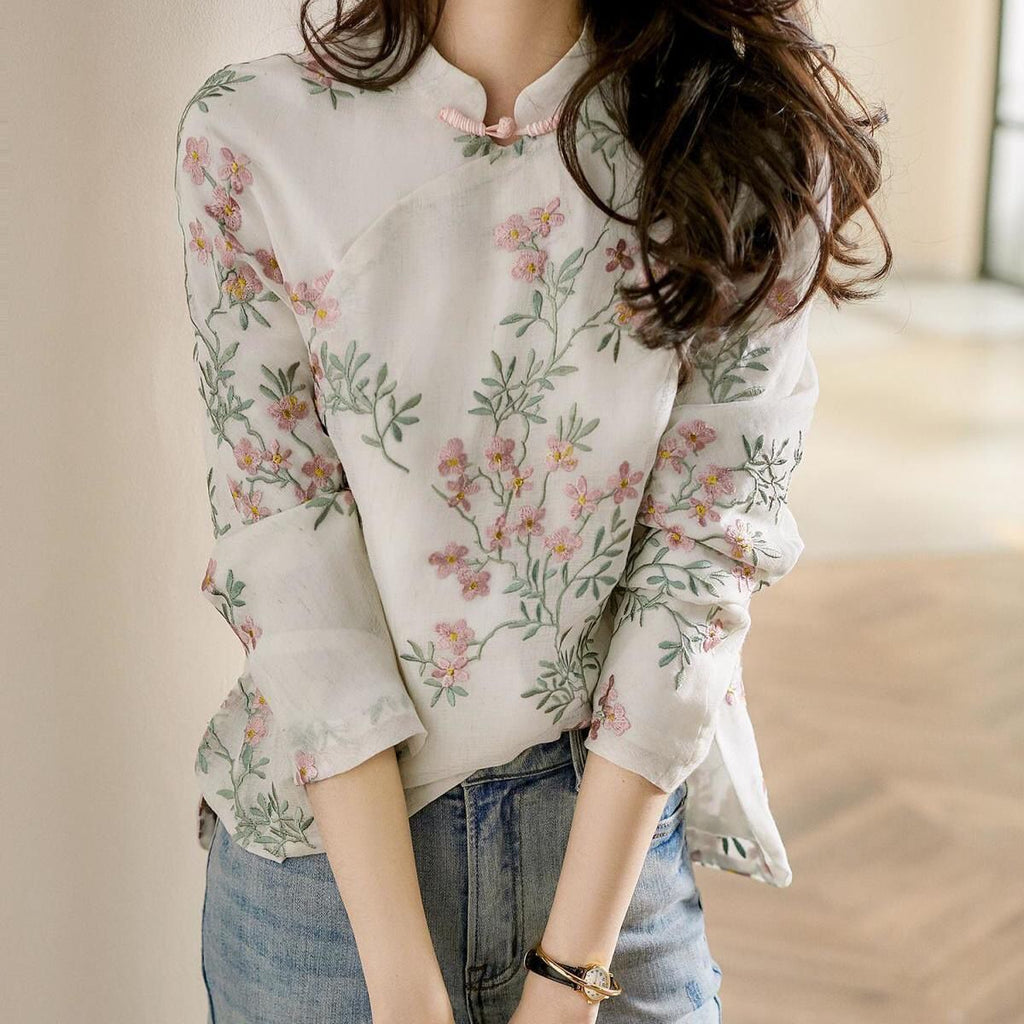 Plus size printed floral cheongsam long sleeve blouse