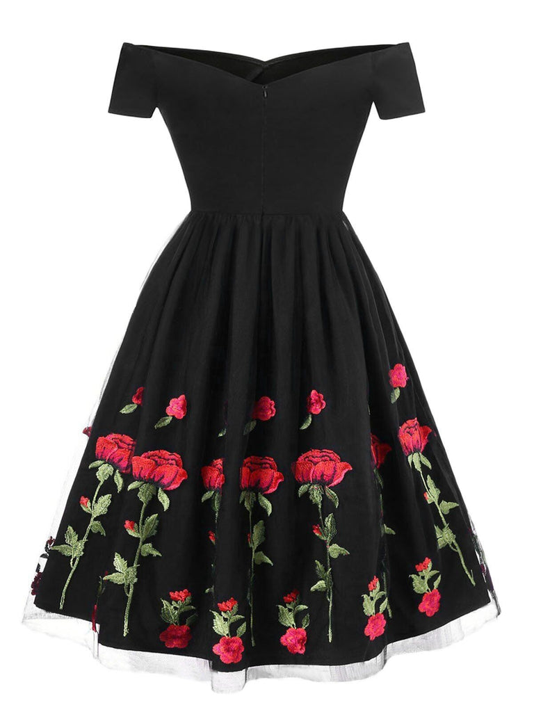 Black dress with rose hot sale embroidery