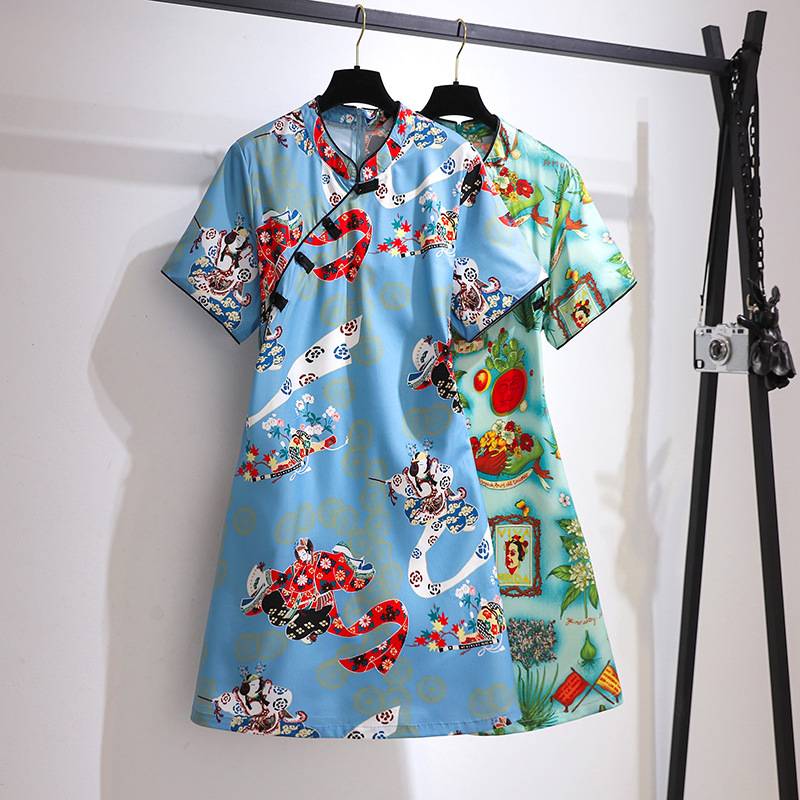 (2XL-6XL) Plus Size Modern Print Cheongsam Qipao Short Sleeve Dress (Extra Big Size)