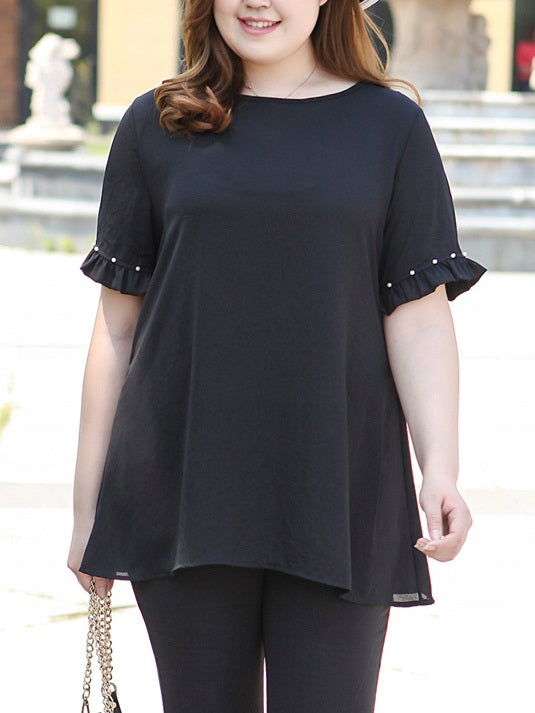 Vanetta Plus Size Black Chiffon Pleat Pearl Short Sleeve Blouse (EXTRA BIG SIZE)