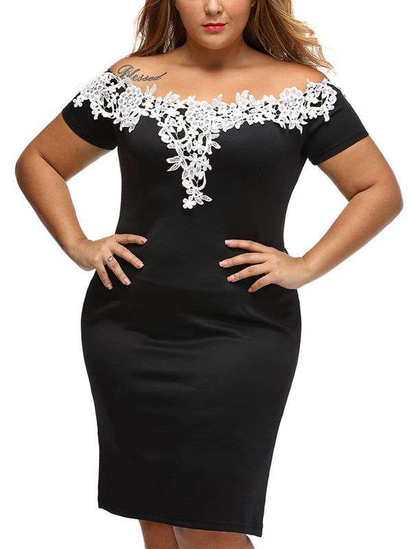 Soraida White Lace Off Shoulder Black Bodycon With Sleeves Short Sleeve Dress  Made of Polyester Fabric