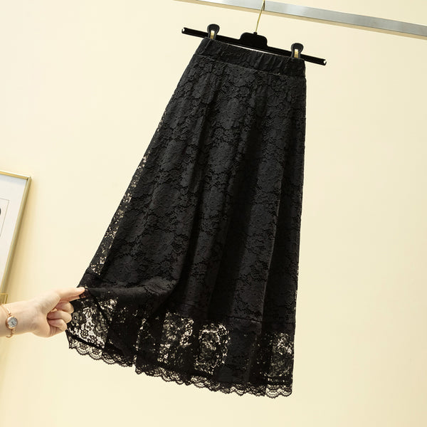 Laurentia Plus Size Black Lace Midi Skirt