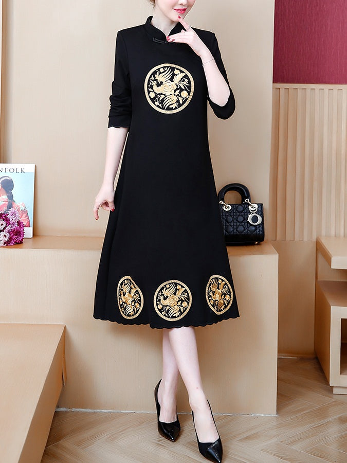 Black long sleeve hotsell dress with gold embroidery