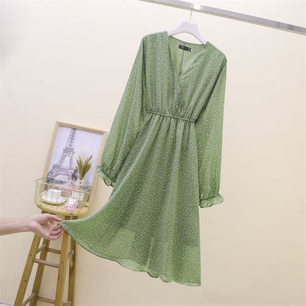 Plus Size Small Chiffon Dots Wrap Long Sleeve Dress