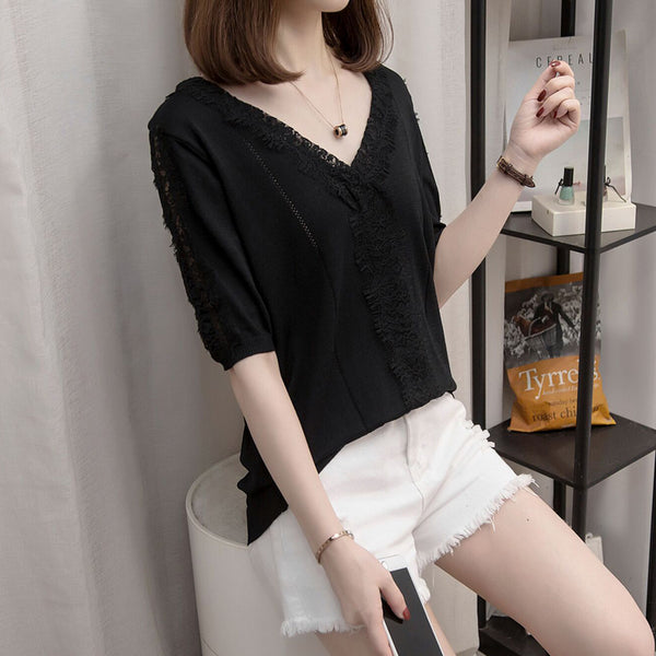 (Ready Stock Black 4XL *1) Laurette Plus Size Lace Knit Wrap V Neck Short Sleeve Top