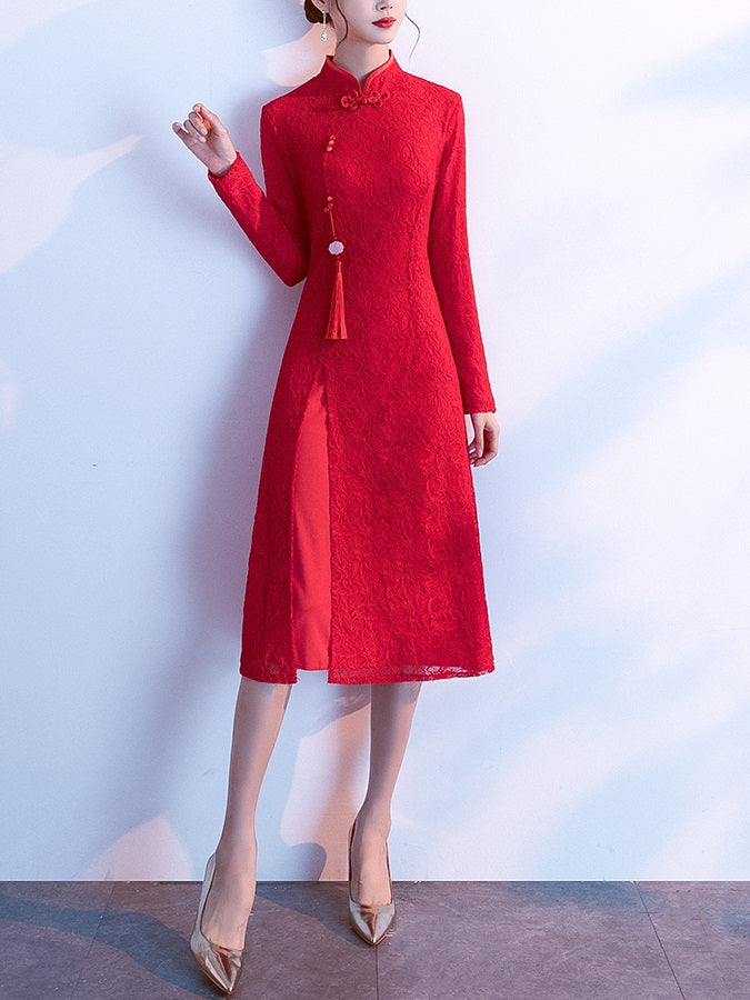 Red long sleeve sale high neck dress