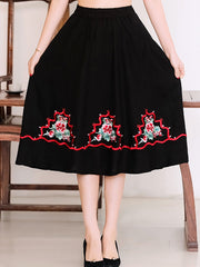 Tiny Plus Size Chinese Floral Ethnic Embroidery Swing Midi Skirt