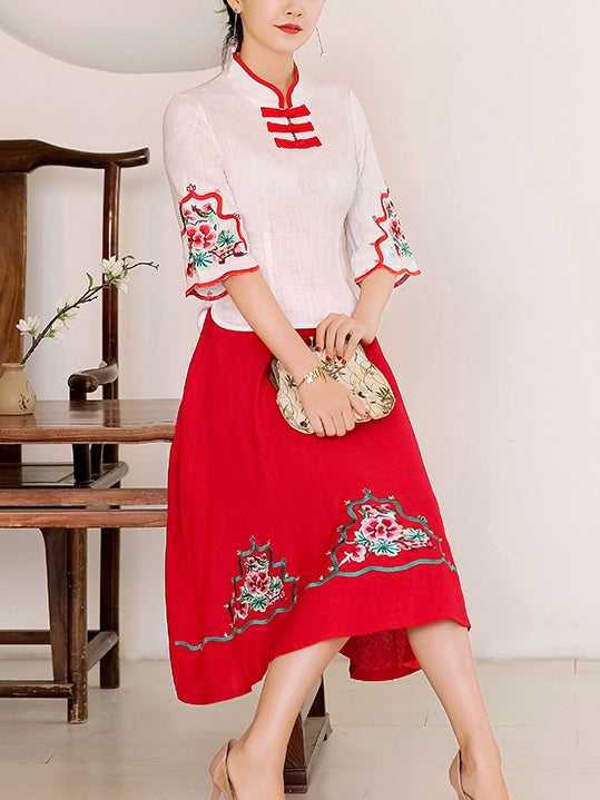 Tiny Plus Size Chinese Floral Ethnic Embroidery Swing Midi Skirt