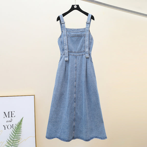 Plus Size Pinafore Denim Sleeveless Midi Dress