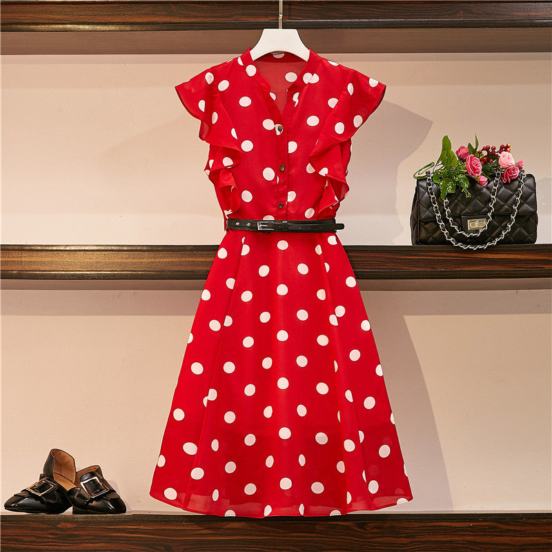 Plus Size Polka Dots Frill Cap Sleeve Dress