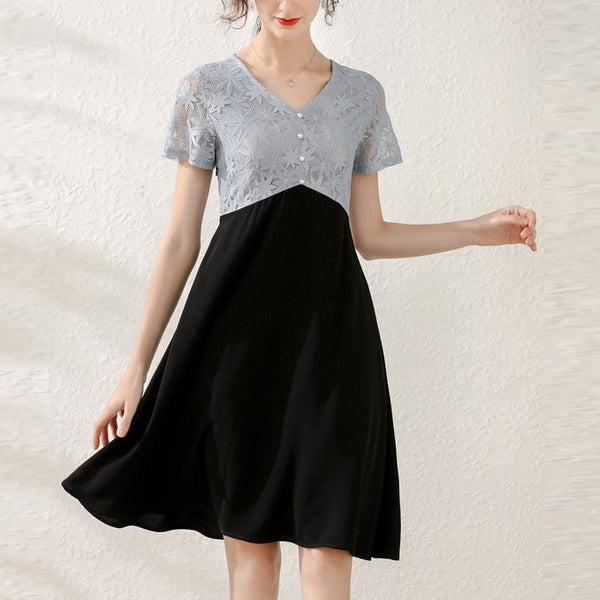 Plus Size Blue Lace Block Swing Short Sleeve Dress